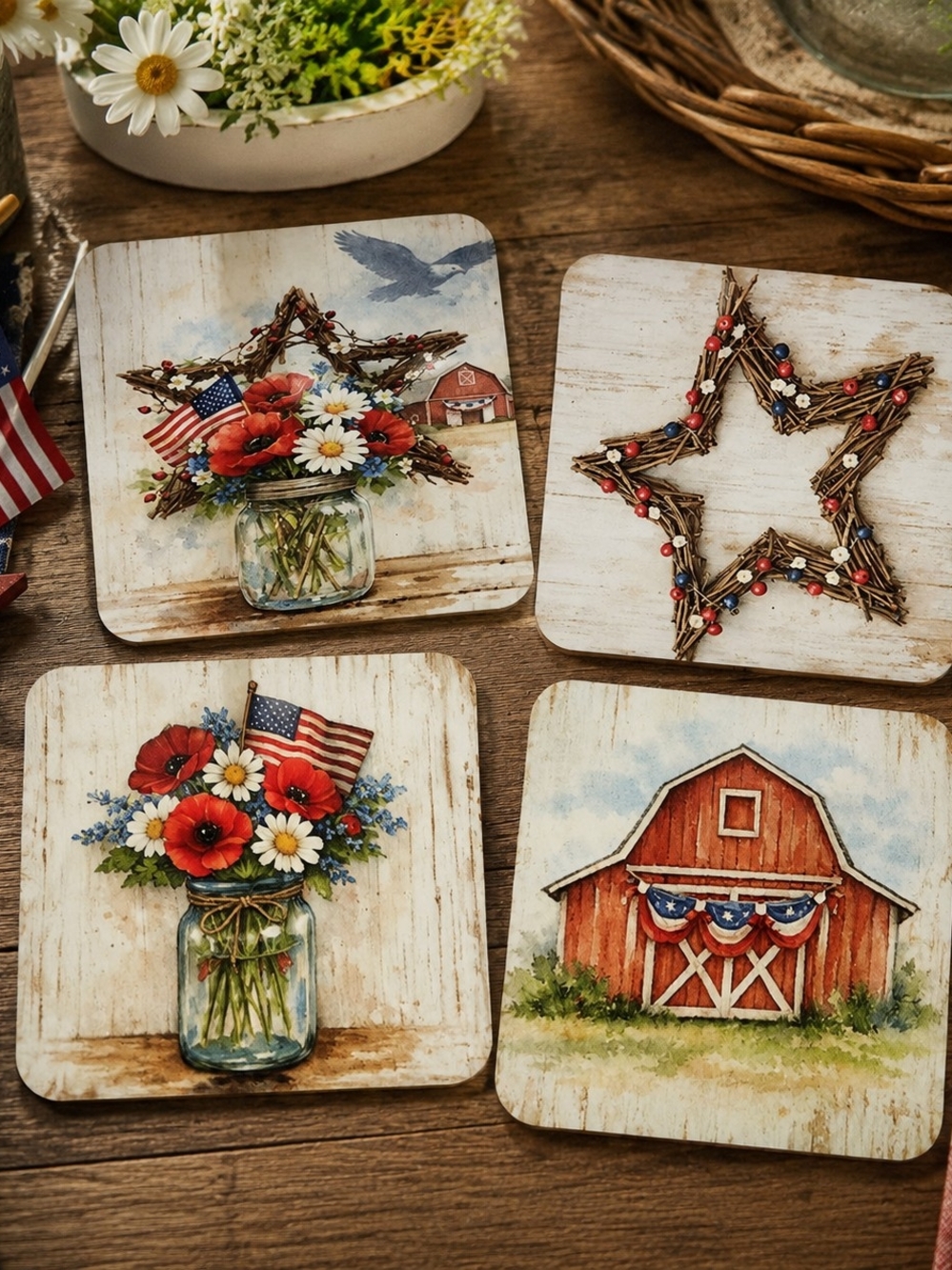 Patriotic Barn & Floral Holiday Coasters - Red White Blue